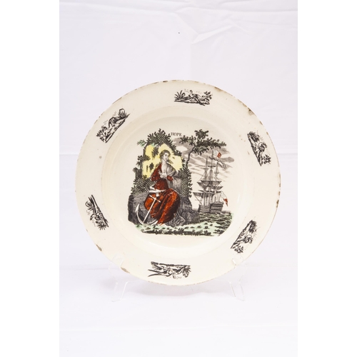 1007 - A GROUP OF CREAMWARE PLATES18th Century, transfer printed with fancy birds, one 'Hope' and one saili... 