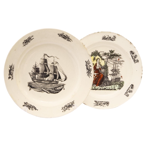 1007 - A GROUP OF CREAMWARE PLATES18th Century, transfer printed with fancy birds, one 'Hope' and one saili... 