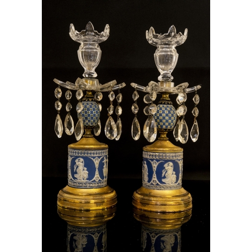 1010 - A PAIR OF JASPER, GILT METAL AND CUT GLASS CANDLESTICKS18th Century, 29 cms high