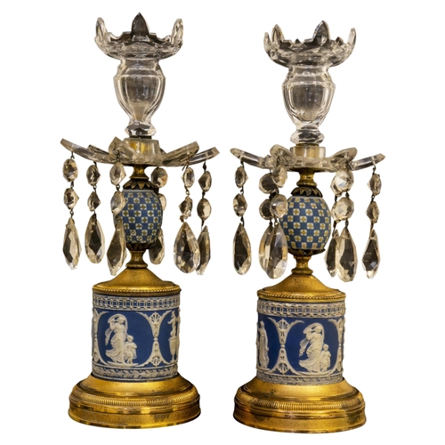 1010 - A PAIR OF JASPER, GILT METAL AND CUT GLASS CANDLESTICKS18th Century, 29 cms high