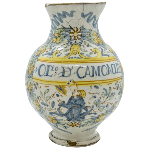 1017 - A LATE 17TH CENTURY ITALIAN DRUG JARDated 1696 and 'OLio D CAMOMILa' 20cms high