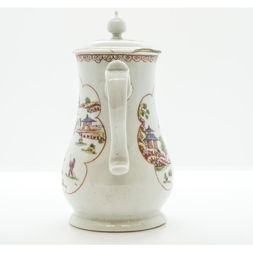 1018 - AN EARLY WORCESTER COFFEE POTCirca 1753-4, painted with polychrome Chinese landscapes, 18cms high... 