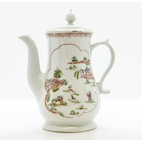 1018 - AN EARLY WORCESTER COFFEE POTCirca 1753-4, painted with polychrome Chinese landscapes, 18cms high... 