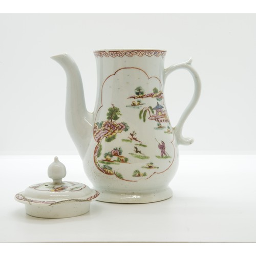 1018 - AN EARLY WORCESTER COFFEE POTCirca 1753-4, painted with polychrome Chinese landscapes, 18cms high... 