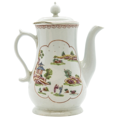 1018 - AN EARLY WORCESTER COFFEE POTCirca 1753-4, painted with polychrome Chinese landscapes, 18cms high... 