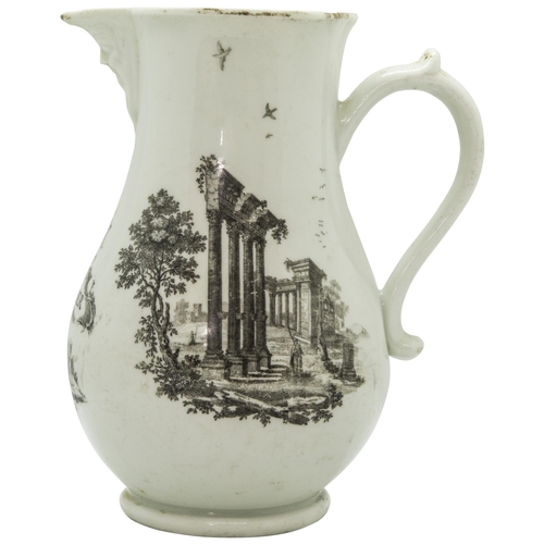 1039 - A WORCESTER CYDER JUGCirca 1755, printed with classical ruins and 'CYDER' in a rococo cartouche 20cm... 