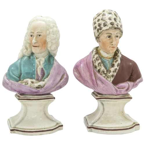 1040 - A PAIR OF PEARLWARE BUSTS OF ROUSSEAU AND VOLTAIRECirca 1790, 16cms high