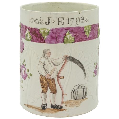 1042 - A PEARLWARE PORTER MUG DATED 1792The leaf moulded mug painted with a man sharpening his scythe and i... 