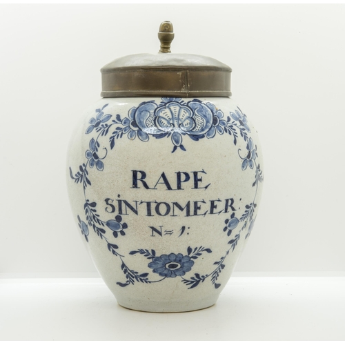 1058 - A DELFT TOBACCO JAR WITH BRASS COVER18th Century, inscribed 'RAPE SINTOMEER No1', 29cms high