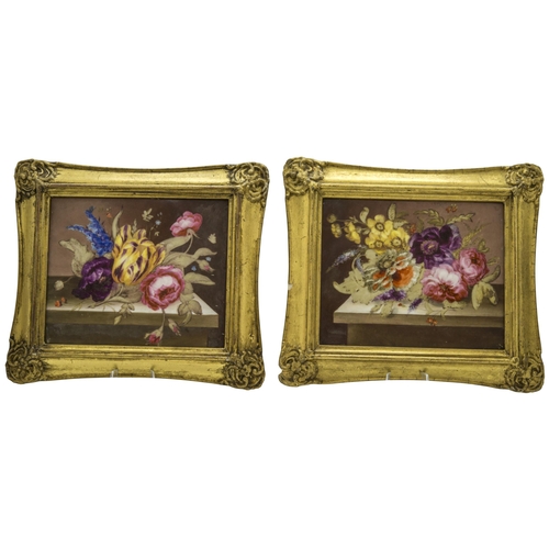 1063 - A PAIR OF PORCELAIN FLORAL PLAQUES AND A FURTHER PLAQUE19th century, the pair in gilt frames, larges... 