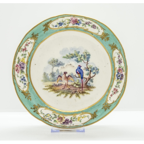 1072 - A SEVRES SAUCER DISHPainted centrally with birds in a landscape within a floral border, painters mar... 