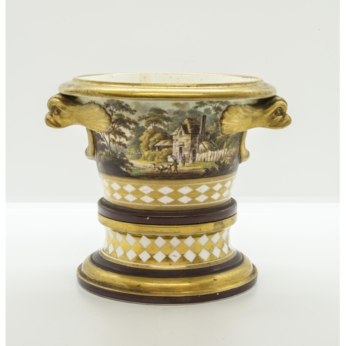 1075 - A CACHE POT, PROBABBLY COALPORTCirca 1820swith dolphin handles and painted landscapes, 13cms high... 