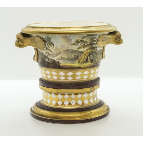 1075 - A CACHE POT, PROBABBLY COALPORTCirca 1820swith dolphin handles and painted landscapes, 13cms high... 