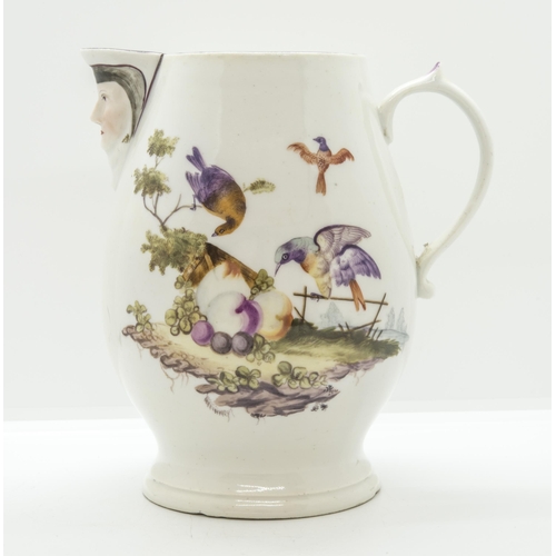 1079 - A CHELSEA MASK JUGCirca 1760 painted with birds in a landscape, anchor mark to base, 18cms