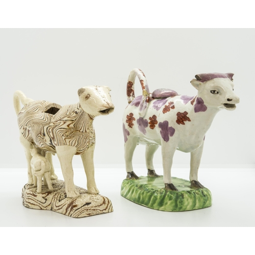 1089 - A PINK LUSTRE COW CREAMER AND MARBLED COW CREAMERCirca 1840, the marbled example with calf, 19cms... 