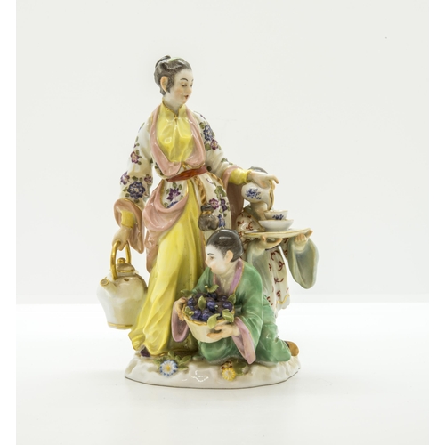 1096 - A MEISSEN FIGURAL GROUP OF JAPANESE WOMAN WITH A TEA KETTLE AND TWO CHILDREN20th century, with blue ... 