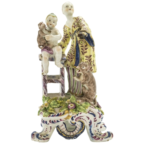 1106 - AN EIGHTENTH CENTURY FIGURE GROUP OF A WOMAN HER CHILD AND MONKIESCirca 1760, possibly Bow, 19 cms h... 