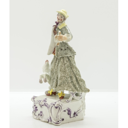 1107 - A MID EGHTEENTH CENTURY FIGURE OF A SPORTSWOMANCirca 1760, raised on a rectangular rococo plinth, wi... 