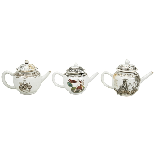 2127 - A GROUP OF THREE CHINESE GRISAILLE-DECORATED 'EUROPEAN-SUBJECT' TEAPOTSQING DYNASTY, 18TH CENTURY11.... 