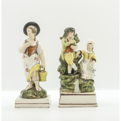 1108 - TWO PEARLWARE FIGURE GROUPSCirca 1830, a courting couple and a female gardener, tallest is 19.5cms h... 