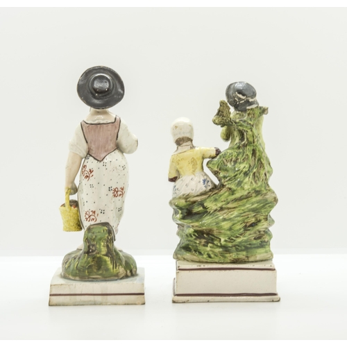 1108 - TWO PEARLWARE FIGURE GROUPSCirca 1830, a courting couple and a female gardener, tallest is 19.5cms h... 