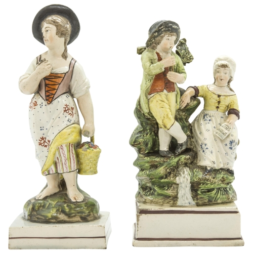 1108 - TWO PEARLWARE FIGURE GROUPSCirca 1830, a courting couple and a female gardener, tallest is 19.5cms h... 