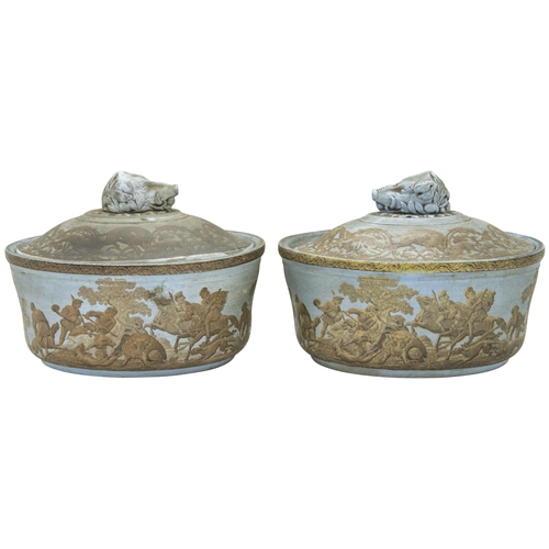 1122 - F&R PRATT A PAIR OF POTTING PANS WITH BOARS HEAD FINAILSMid 19th century, printed a boar hunt, 1... 