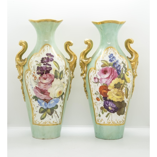 1128 - A PAIR OF STAFFORDSHIRE CELADON GROUND VASESMid 19th century, painted with floral panels and marblin... 