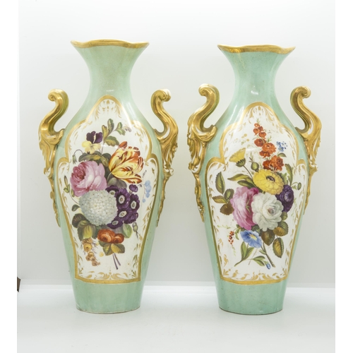 1128 - A PAIR OF STAFFORDSHIRE CELADON GROUND VASESMid 19th century, painted with floral panels and marblin... 