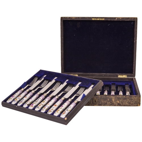 1134 - TWENTY DRESDEN AND SILVER PLATE DESSERT KNIVES AND FORKSLate 19th century, in leather case, 31cms... 