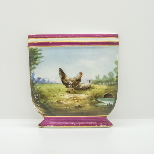 1137 - A 19TH CENTURY FLAT SHOWROOM SAMPLE CACHE POTPainted with chickens, 18cms high