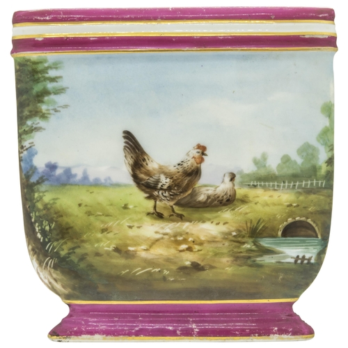 1137 - A 19TH CENTURY FLAT SHOWROOM SAMPLE CACHE POTPainted with chickens, 18cms high