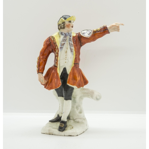 1152 - A RARE BOW FIGURE OF A THAMES WATERMANCirca 1755, wearing a red coat and an oval Doggets badge to sl... 