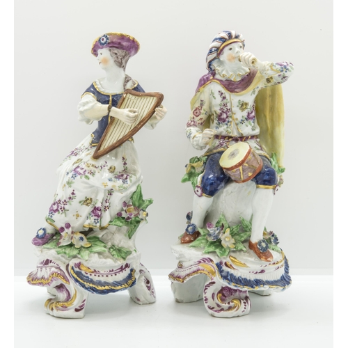 1155 - A PAIR OF BOW FIGURES A DRUMMER AND HARPISTc 1760, with square mounting holes to verso, 22cms high... 