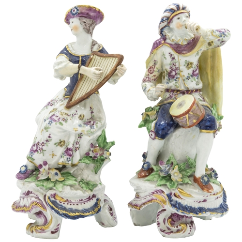 1155 - A PAIR OF BOW FIGURES A DRUMMER AND HARPISTc 1760, with square mounting holes to verso, 22cms high... 