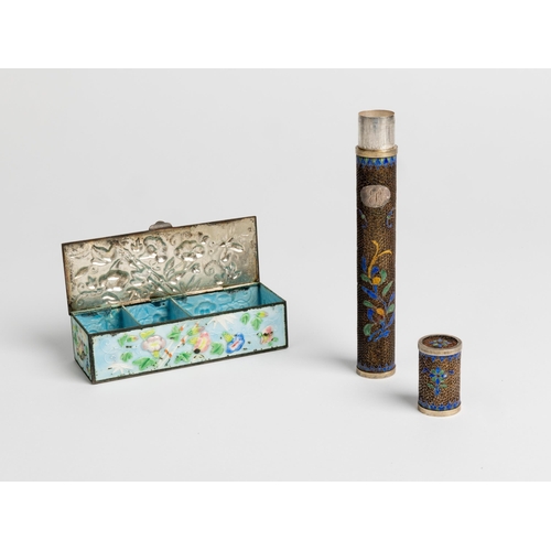 2148 - A CHINESE SILVER AND ENAMEL BODKIN CASELATE QING DYNASTY15cm long; together with A CHINESE ENAMEL BO... 