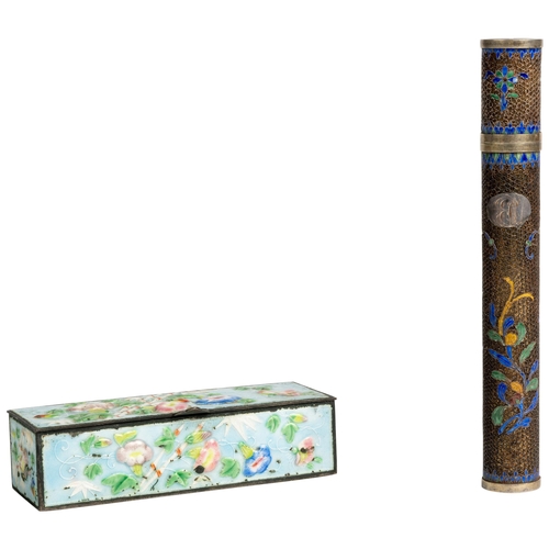 2148 - A CHINESE SILVER AND ENAMEL BODKIN CASELATE QING DYNASTY15cm long; together with A CHINESE ENAMEL BO... 