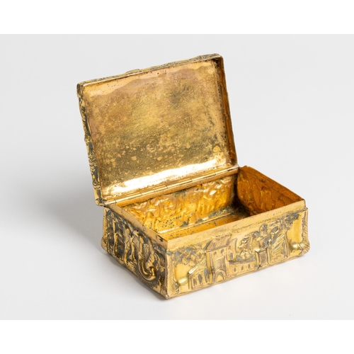 1921 - A CHINOISERIE DECORATED REPOUSSE GILT-COPPER SNUFF BOX18TH CENTURY8cm wide