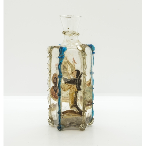 1270 - A RARE MURANO GLASS BOTTLE FOR THE MANNA OF SAINT NICHOLASVENETAIN, 17TH CENTURY, with cold painted ... 