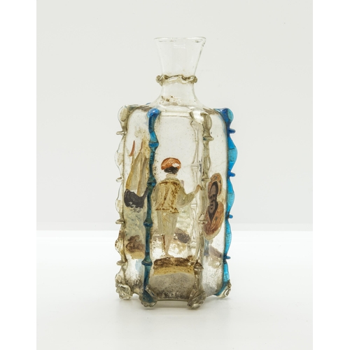 1270 - A RARE MURANO GLASS BOTTLE FOR THE MANNA OF SAINT NICHOLASVENETAIN, 17TH CENTURY, with cold painted ... 