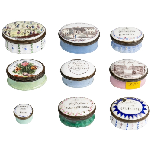 1939 - A GROUP OF NINE STAFFORDSHIRE ENAMEL PATCH OR PILL BOXES18TH / 19TH CENTURY2cm - 5.5cm wide... 