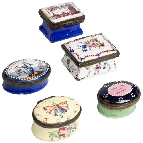 1940 - A GROUP OF FIVE STAFFORDSHIRE PATCH OR PILL BOXES18TH CENTURY4cm - 4.5cm wide