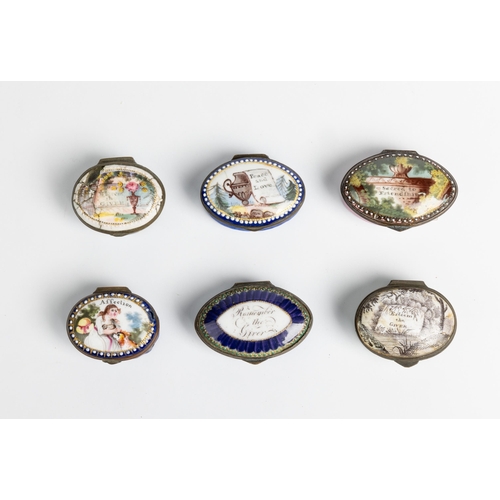 1941 - A GROUP OF SIX STAFFORDSHIRE ENAMEL BOXES18TH CENTURY3.5cm - 5cm wide