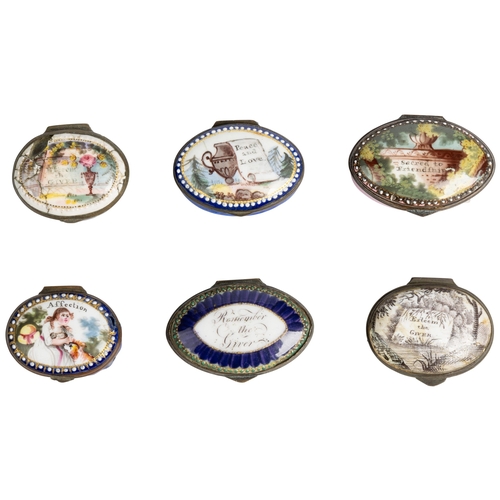 1941 - A GROUP OF SIX STAFFORDSHIRE ENAMEL BOXES18TH CENTURY3.5cm - 5cm wide