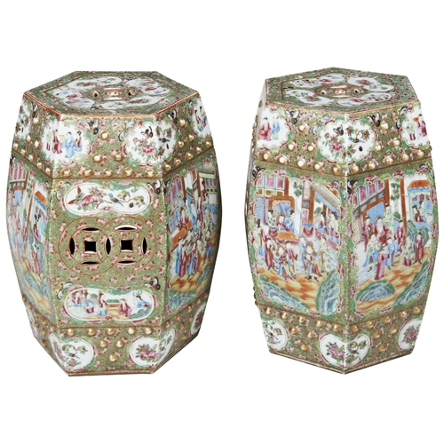 2143 - A PAIR OF CHINESE FAMILLE ROSE HEXAGONAL GARDEN SEATS QING DYNASTY, 19TH CENTURY46.5cm high... 