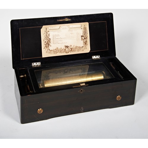 1947 - A SWISS SINGLE CYLINDER SIMULATED ROSEWOOD, MAHOGANY AND INLAID MUSIC BOXCIRCA 190052cm wide, 15cm h... 