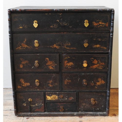 1708 - A LACQUERED CHINOISERIE CHEST OF DRAWERS18TH CENTURY rectangular form chest with faux bamboo beading... 