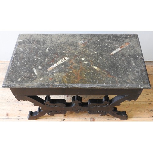 1710 - A FOSSIL MARBLE TOP TABLE, 19TH CENTURY, the bevelled rectangular marble slab with clearly visible O... 