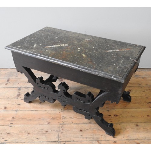 1710 - A FOSSIL MARBLE TOP TABLE, 19TH CENTURY, the bevelled rectangular marble slab with clearly visible O... 