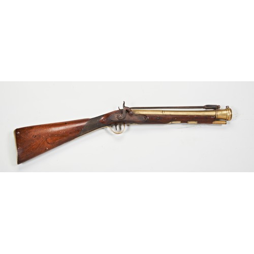 595 - A 19TH CENTURY CONVERTED PERCUSSION COACHING BLUNDERBUSS with flick-over bayonet, The brass barrel e... 